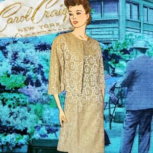 1950s Carol Craig Brocade Cocktail Dress Jacket Set Gold Sheath Formal Vintage